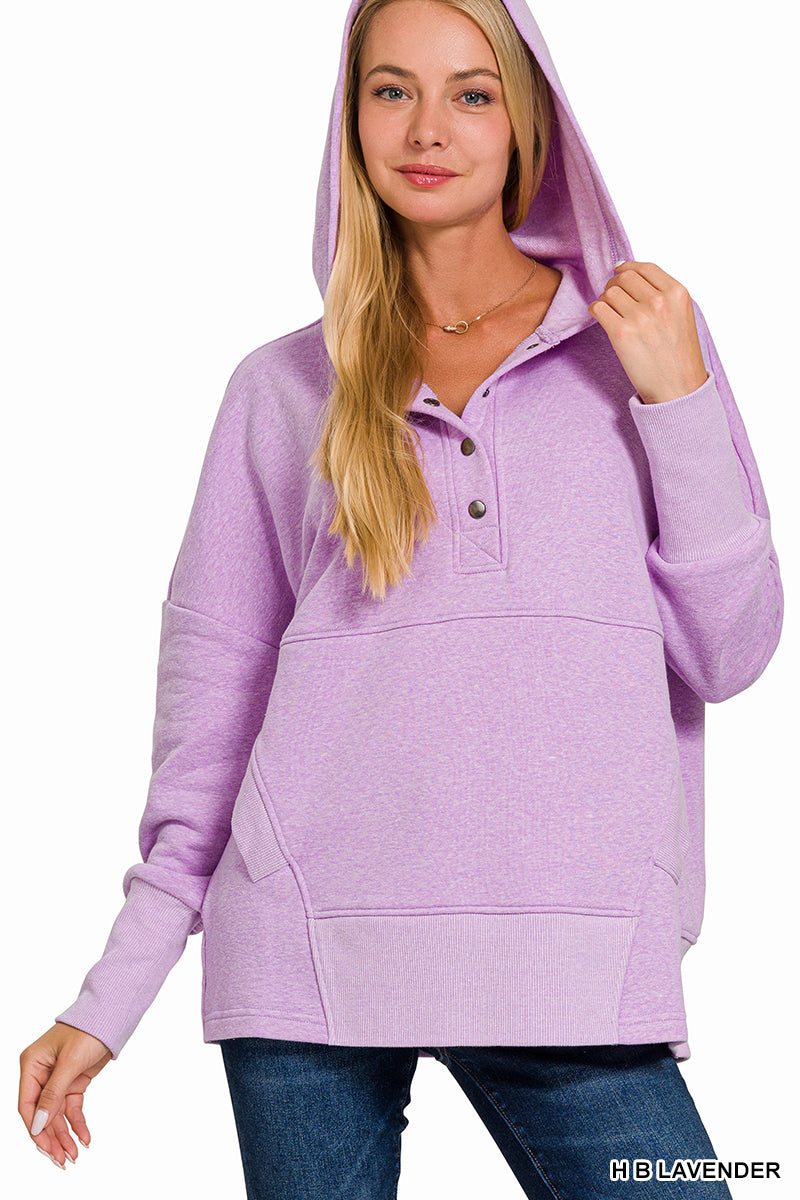 Half Button Fleece Hooded Pullover-Lavender
